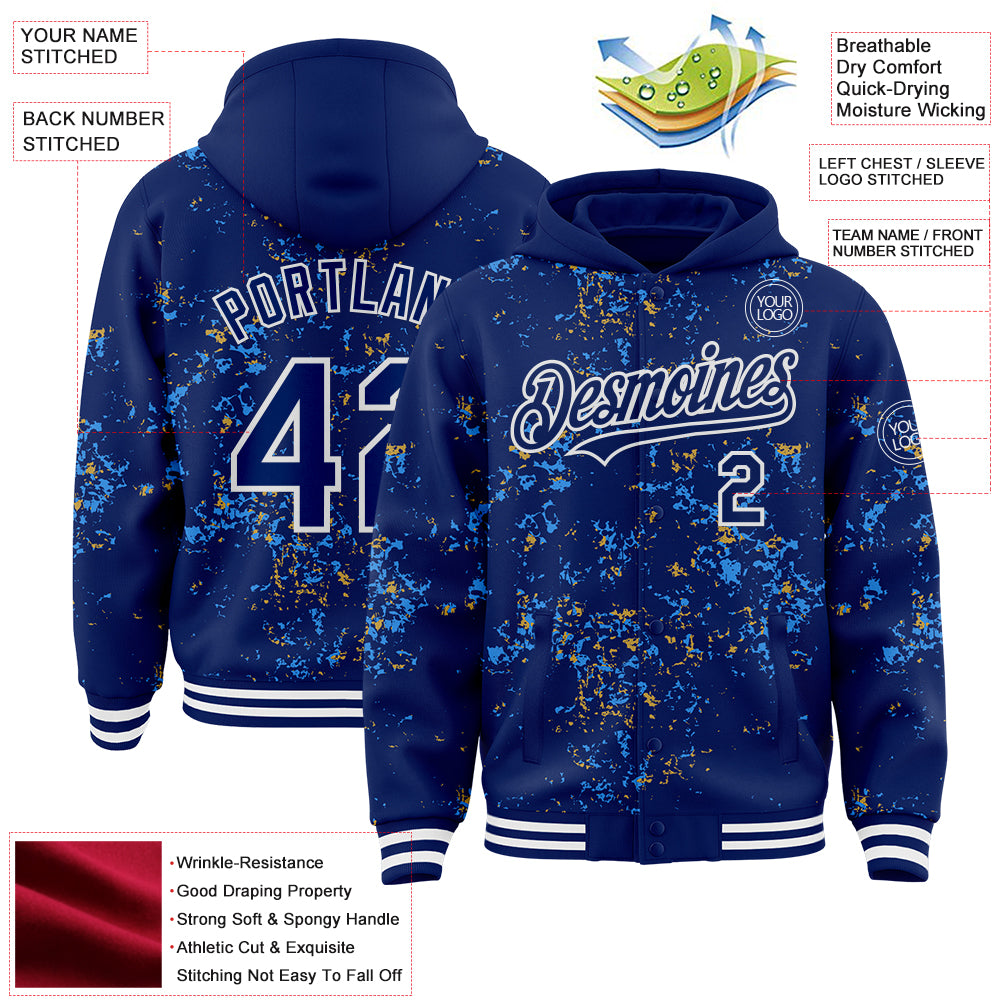 Custom Royal Powder Blue Old Gold-White Fragment Pattern Bomber Full-Snap Varsity Letterman Hoodie Jacket