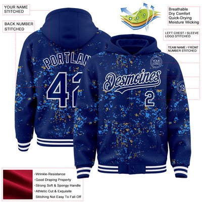 Custom Royal Powder Blue Old Gold-White Fragment Pattern Bomber Full-Snap Varsity Letterman Hoodie Jacket