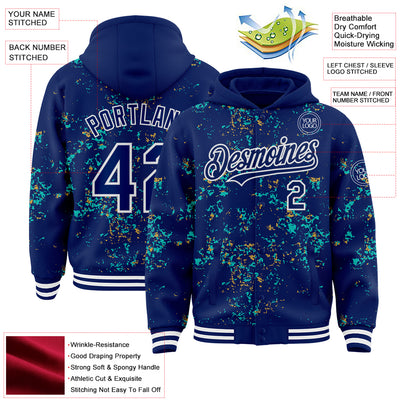Custom Royal Aqua Old Gold-White Fragment Pattern Bomber Full-Snap Varsity Letterman Hoodie Jacket