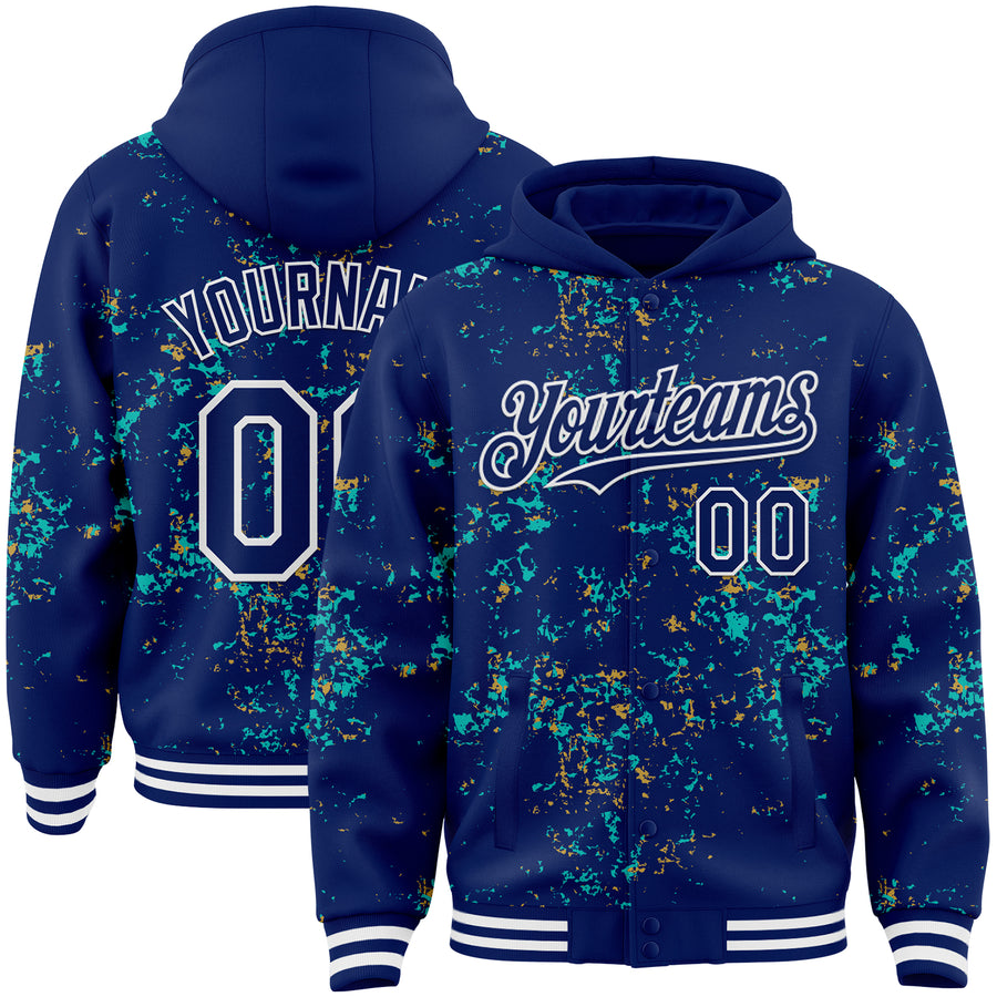 Custom Royal Aqua Old Gold-White Fragment Pattern Bomber Full-Snap Varsity Letterman Hoodie Jacket
