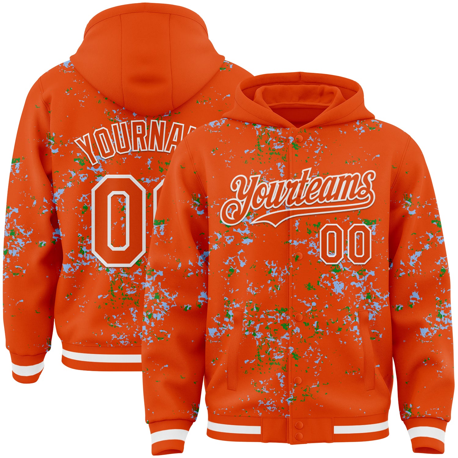 Custom Orange Light Blue Grass Green-White Fragment Pattern Bomber Full-Snap Varsity Letterman Hoodie Jacket