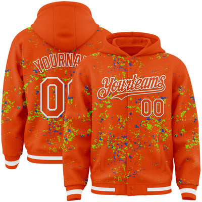 Custom Orange Neon Green Thunder Blue-White Fragment Pattern Bomber Full-Snap Varsity Letterman Hoodie Jacket
