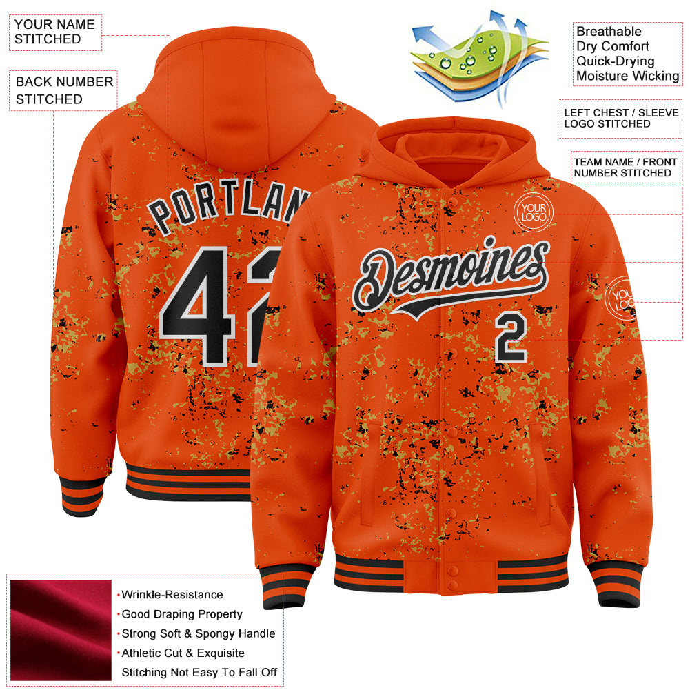 Custom Orange Black Old Gold-White Fragment Pattern Bomber Full-Snap Varsity Letterman Hoodie Jacket