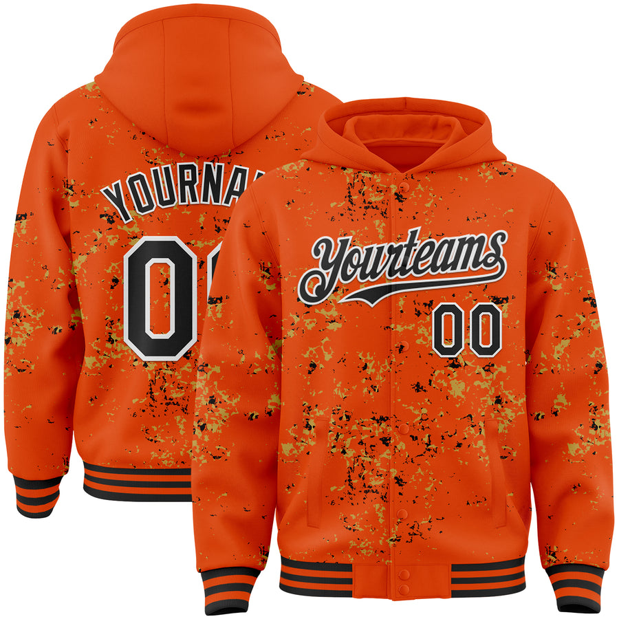 Custom Orange Black Old Gold-White Fragment Pattern Bomber Full-Snap Varsity Letterman Hoodie Jacket