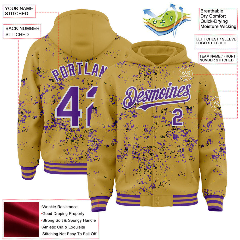 Custom Old Gold Purple Black-White Fragment Pattern Bomber Full-Snap Varsity Letterman Hoodie Jacket