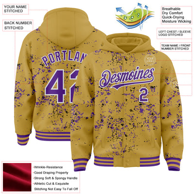 Custom Old Gold Purple Black-White Fragment Pattern Bomber Full-Snap Varsity Letterman Hoodie Jacket