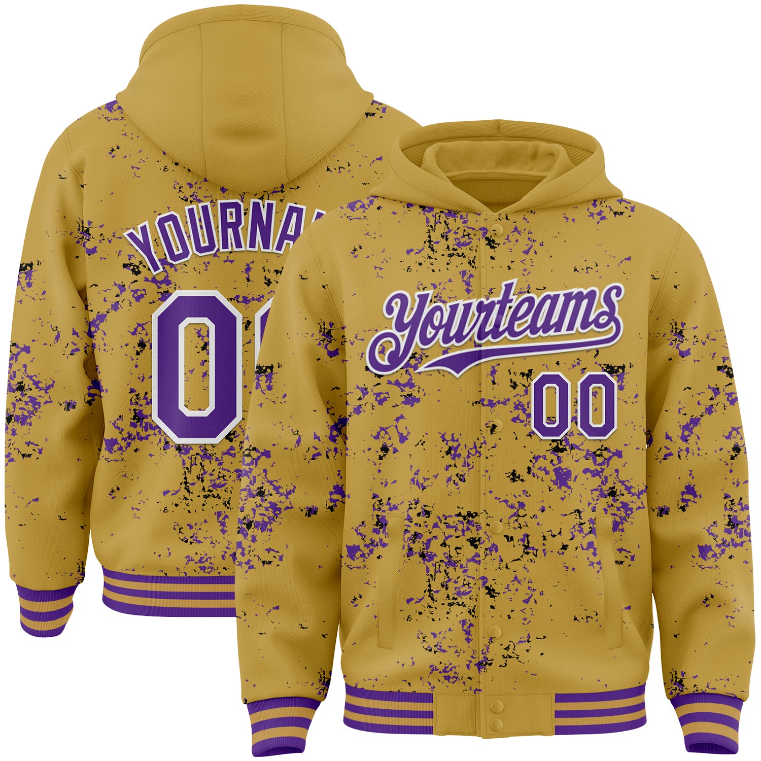 Custom Old Gold Purple Black-White Fragment Pattern Bomber Full-Snap Varsity Letterman Hoodie Jacket