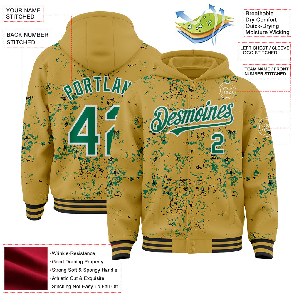 Custom Old Gold Kelly Green Black-White Fragment Pattern Bomber Full-Snap Varsity Letterman Hoodie Jacket
