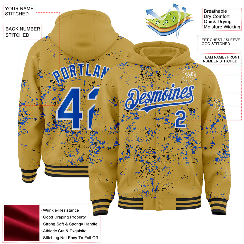 Custom Old Gold Thunder Blue Black-White Fragment Pattern Bomber Full-Snap Varsity Letterman Hoodie Jacket