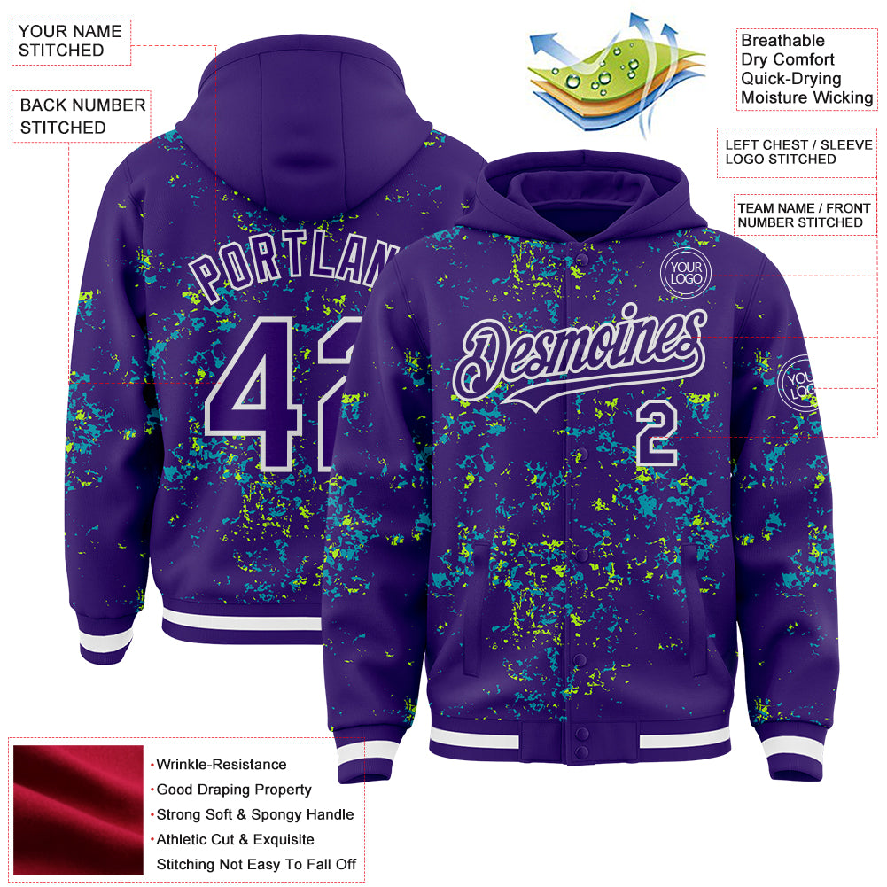 Custom Purple Teal Neon Green-White Fragment Pattern Bomber Full-Snap Varsity Letterman Hoodie Jacket