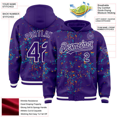 Custom Purple Teal Bay Orange-White Fragment Pattern Bomber Full-Snap Varsity Letterman Hoodie Jacket