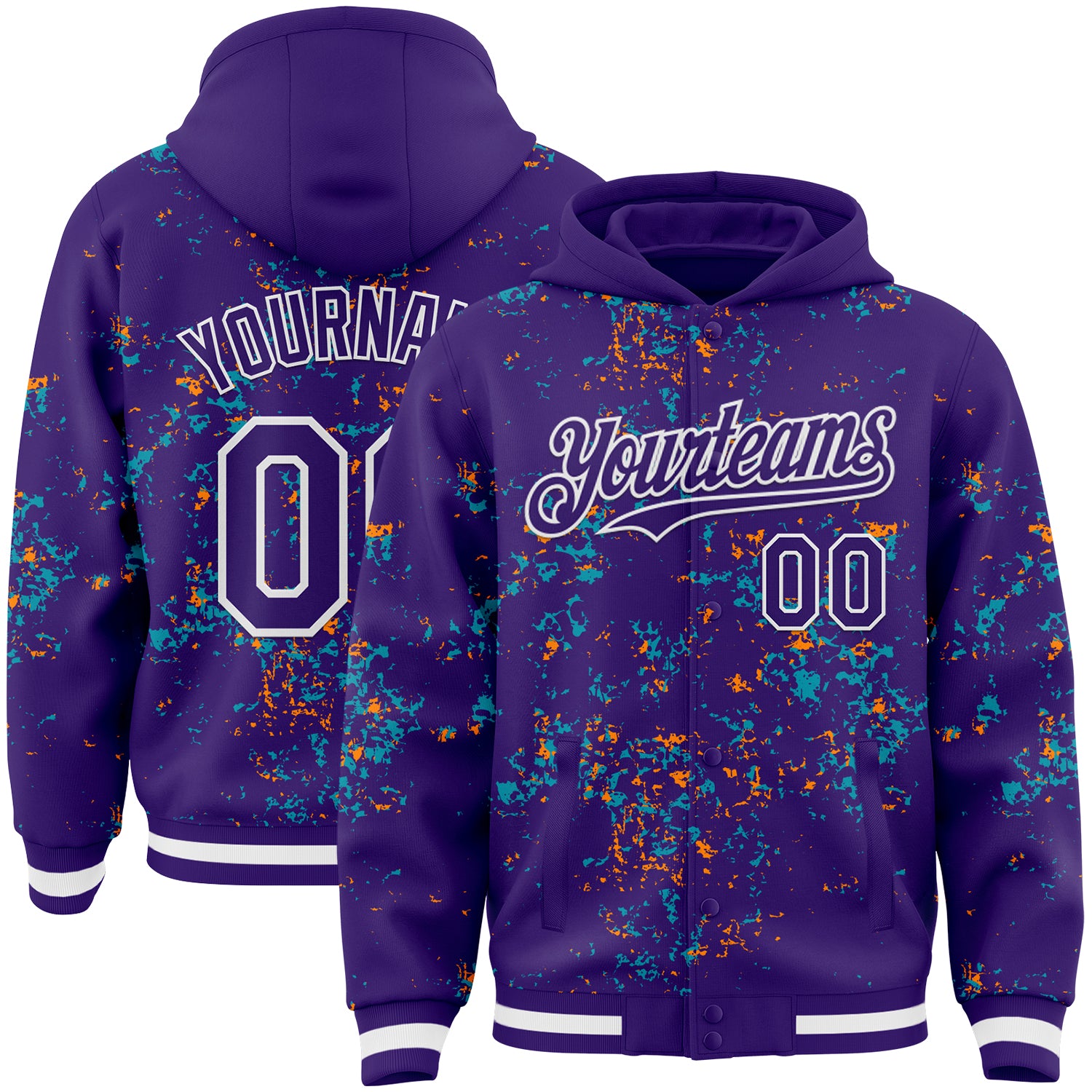 Custom Purple Teal Bay Orange-White Fragment Pattern Bomber Full-Snap Varsity Letterman Hoodie Jacket