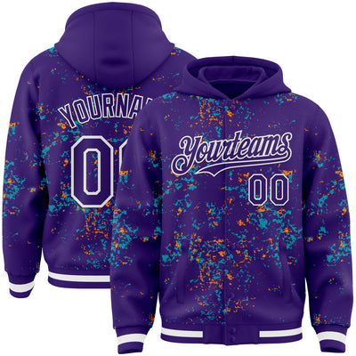 Custom Purple Teal Bay Orange-White Fragment Pattern Bomber Full-Snap Varsity Letterman Hoodie Jacket