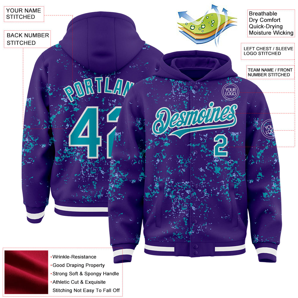 Custom Purple Teal Light Blue-White Fragment Pattern Bomber Full-Snap Varsity Letterman Hoodie Jacket