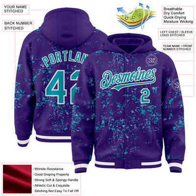 Custom Purple Teal Light Blue-White Fragment Pattern Bomber Full-Snap Varsity Letterman Hoodie Jacket