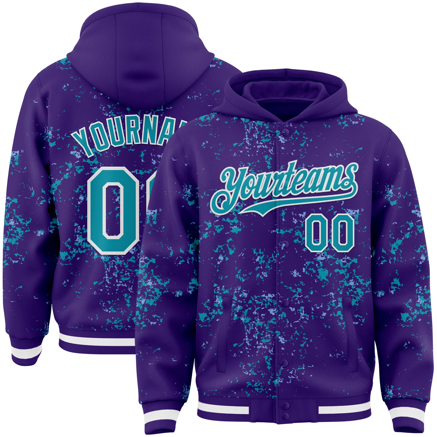 Custom Purple Teal Light Blue-White Fragment Pattern Bomber Full-Snap Varsity Letterman Hoodie Jacket