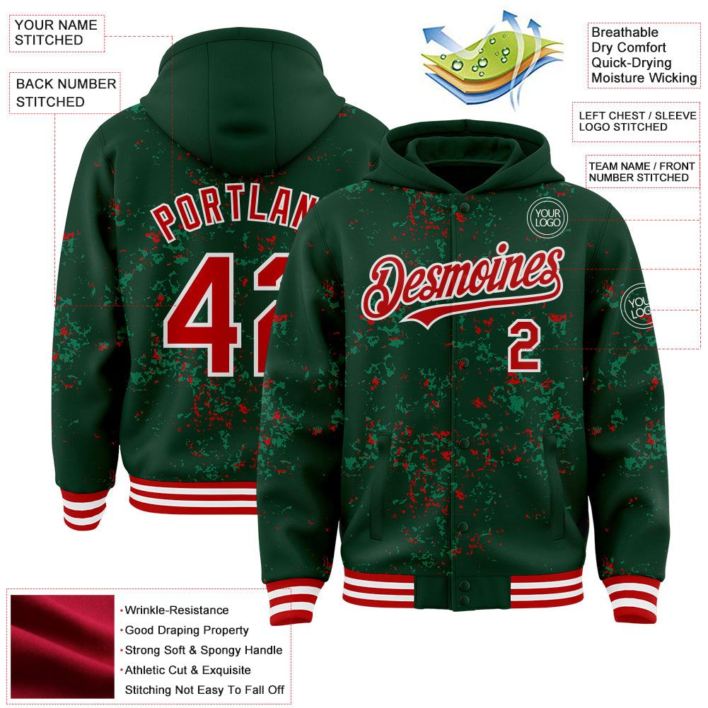 Custom Green Red Kelly Green-White Fragment Pattern Bomber Full-Snap Varsity Letterman Hoodie Jacket