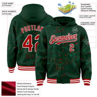 Custom Green Red Kelly Green-White Fragment Pattern Bomber Full-Snap Varsity Letterman Hoodie Jacket
