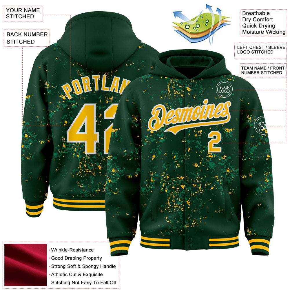 Custom Green Gold Kelly Green-White Fragment Pattern Bomber Full-Snap Varsity Letterman Hoodie Jacket