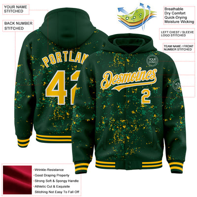 Custom Green Gold Kelly Green-White Fragment Pattern Bomber Full-Snap Varsity Letterman Hoodie Jacket
