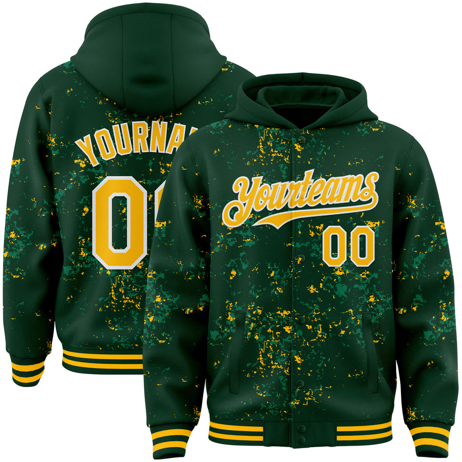 Custom Green Gold Kelly Green-White Fragment Pattern Bomber Full-Snap Varsity Letterman Hoodie Jacket