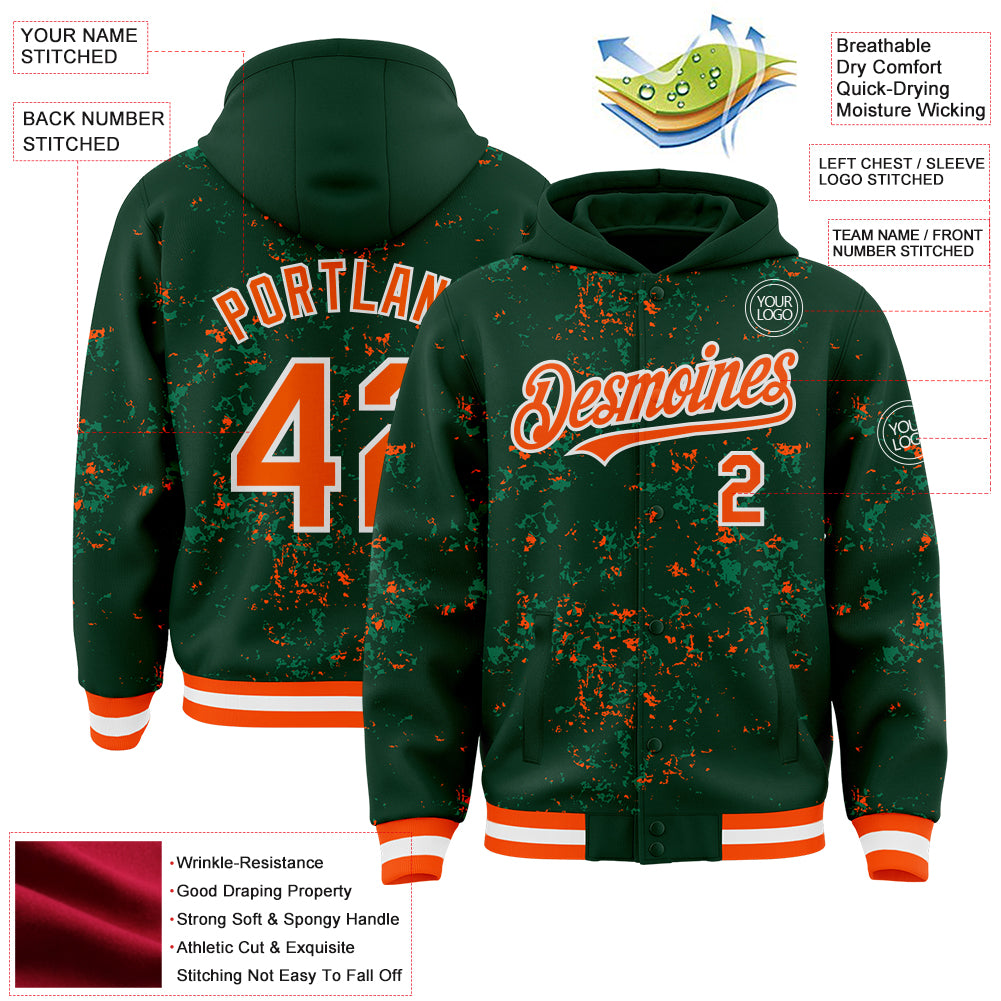 Custom Green Orange Kelly Green-White Fragment Pattern Bomber Full-Snap Varsity Letterman Hoodie Jacket