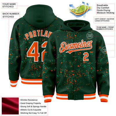 Custom Green Orange Kelly Green-White Fragment Pattern Bomber Full-Snap Varsity Letterman Hoodie Jacket