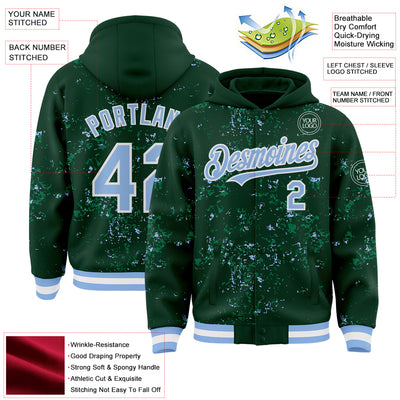 Custom Green Light Blue Kelly Green-White Fragment Pattern Bomber Full-Snap Varsity Letterman Hoodie Jacket