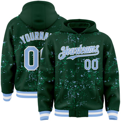 Custom Green Light Blue Kelly Green-White Fragment Pattern Bomber Full-Snap Varsity Letterman Hoodie Jacket