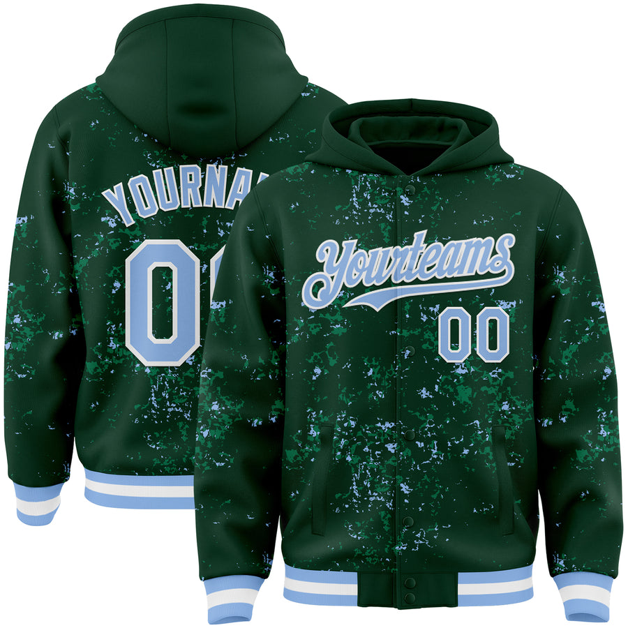Custom Green Light Blue Kelly Green-White Fragment Pattern Bomber Full-Snap Varsity Letterman Hoodie Jacket