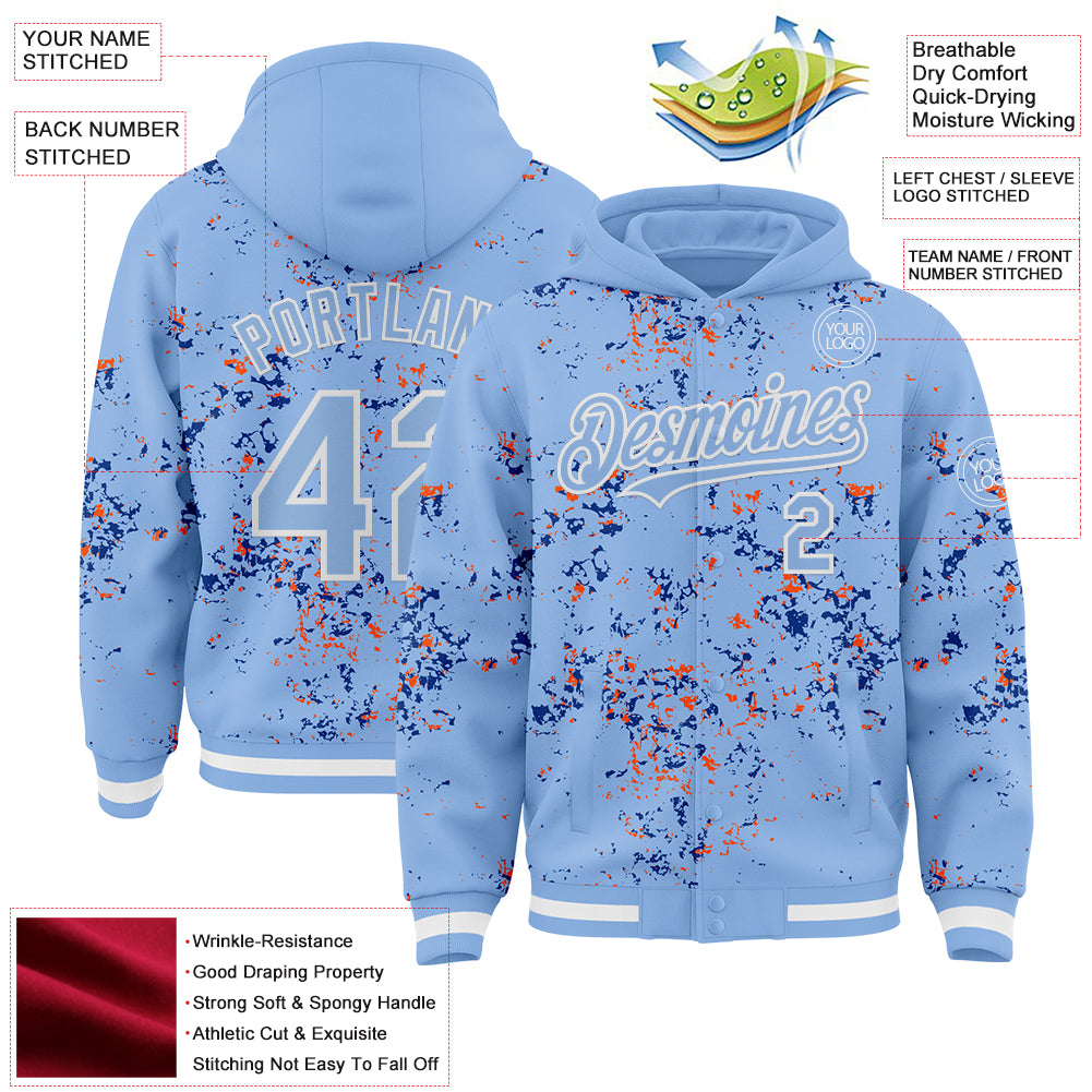 Custom Light Blue Royal Orange-White Fragment Pattern Bomber Full-Snap Varsity Letterman Hoodie Jacket