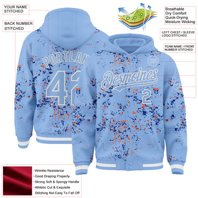 Custom Light Blue Royal Orange-White Fragment Pattern Bomber Full-Snap Varsity Letterman Hoodie Jacket