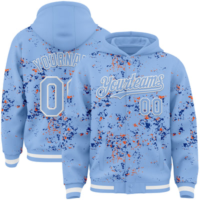 Custom Light Blue Royal Orange-White Fragment Pattern Bomber Full-Snap Varsity Letterman Hoodie Jacket
