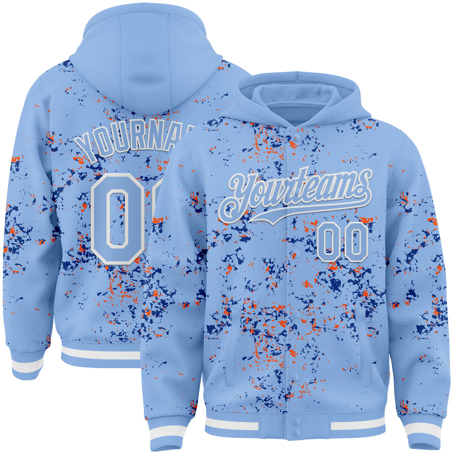 Custom Light Blue Royal Orange-White Fragment Pattern Bomber Full-Snap Varsity Letterman Hoodie Jacket