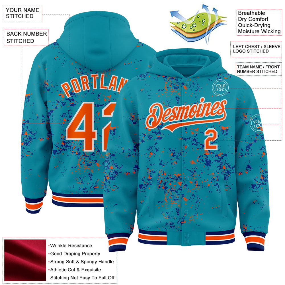 Custom Teal Orange Royal-White Fragment Pattern Bomber Full-Snap Varsity Letterman Hoodie Jacket