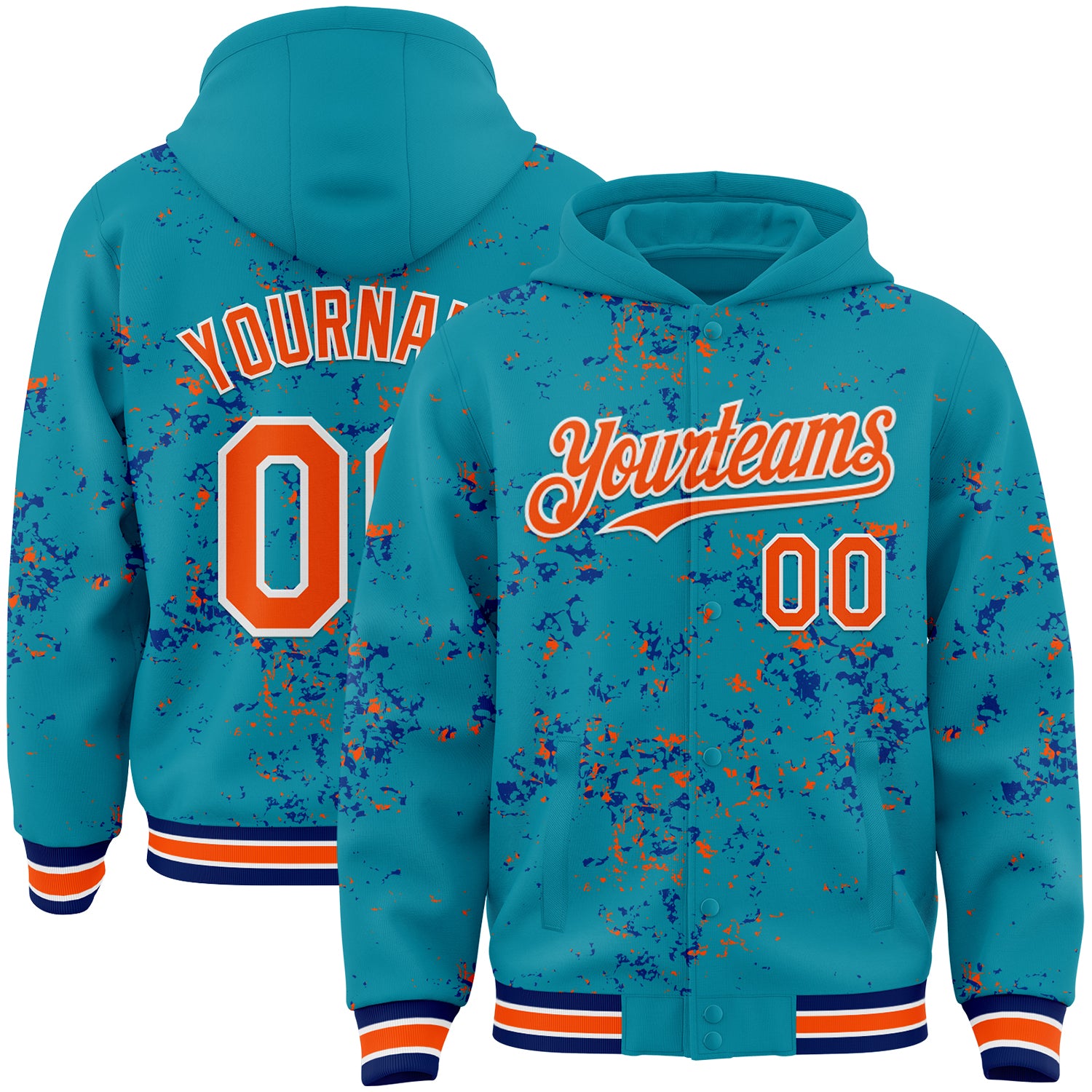 Custom Teal Orange Royal-White Fragment Pattern Bomber Full-Snap Varsity Letterman Hoodie Jacket