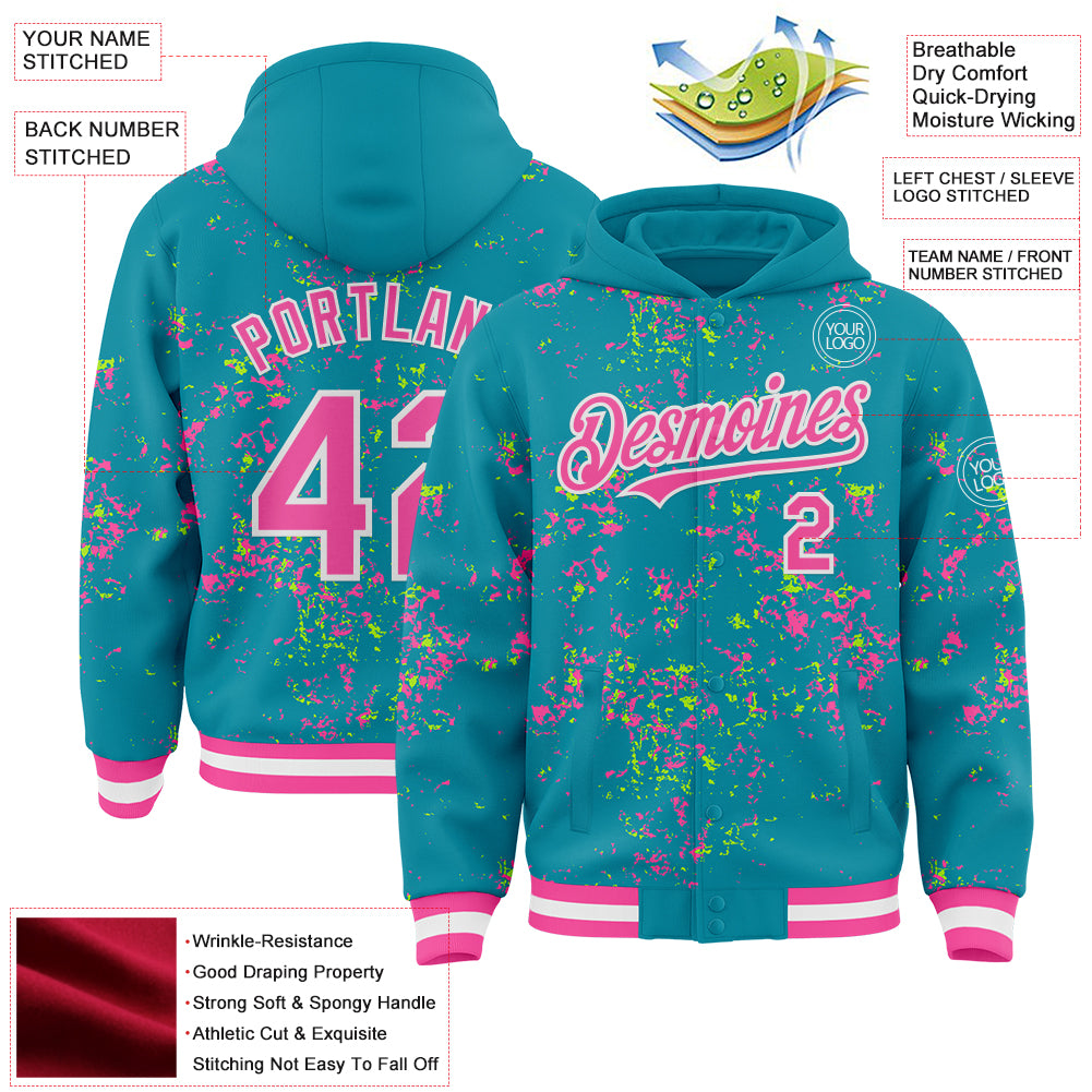 Custom Teal Pink Neon Green-White Fragment Pattern Bomber Full-Snap Varsity Letterman Hoodie Jacket