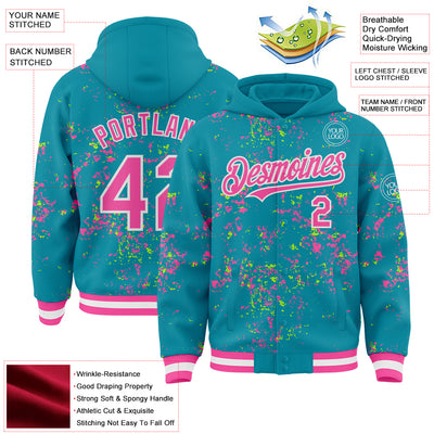 Custom Teal Pink Neon Green-White Fragment Pattern Bomber Full-Snap Varsity Letterman Hoodie Jacket
