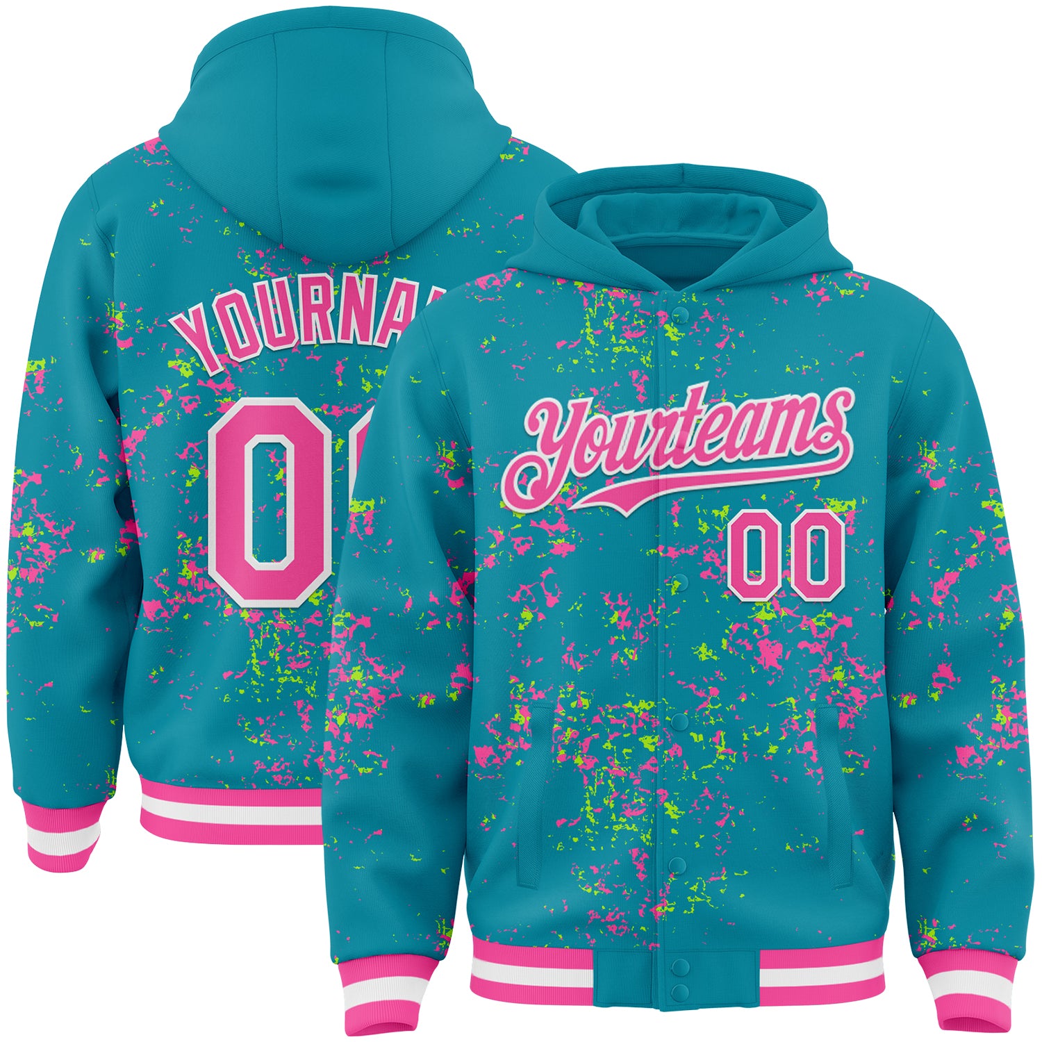 Custom Teal Pink Neon Green-White Fragment Pattern Bomber Full-Snap Varsity Letterman Hoodie Jacket