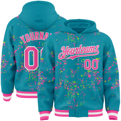 Custom Teal Pink Neon Green-White Fragment Pattern Bomber Full-Snap Varsity Letterman Hoodie Jacket
