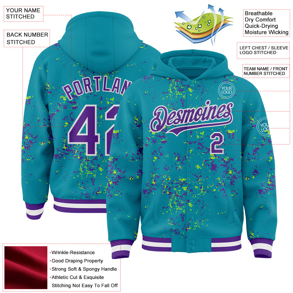 Custom Teal Purple Neon Green-White Fragment Pattern Bomber Full-Snap Varsity Letterman Hoodie Jacket