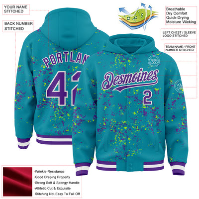 Custom Teal Purple Neon Green-White Fragment Pattern Bomber Full-Snap Varsity Letterman Hoodie Jacket