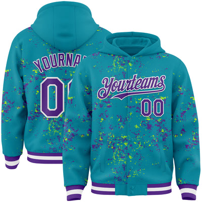 Custom Teal Purple Neon Green-White Fragment Pattern Bomber Full-Snap Varsity Letterman Hoodie Jacket