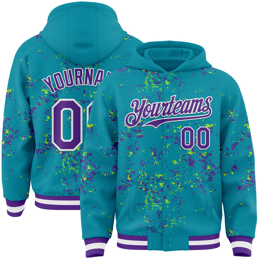 Custom Teal Purple Neon Green-White Fragment Pattern Bomber Full-Snap Varsity Letterman Hoodie Jacket