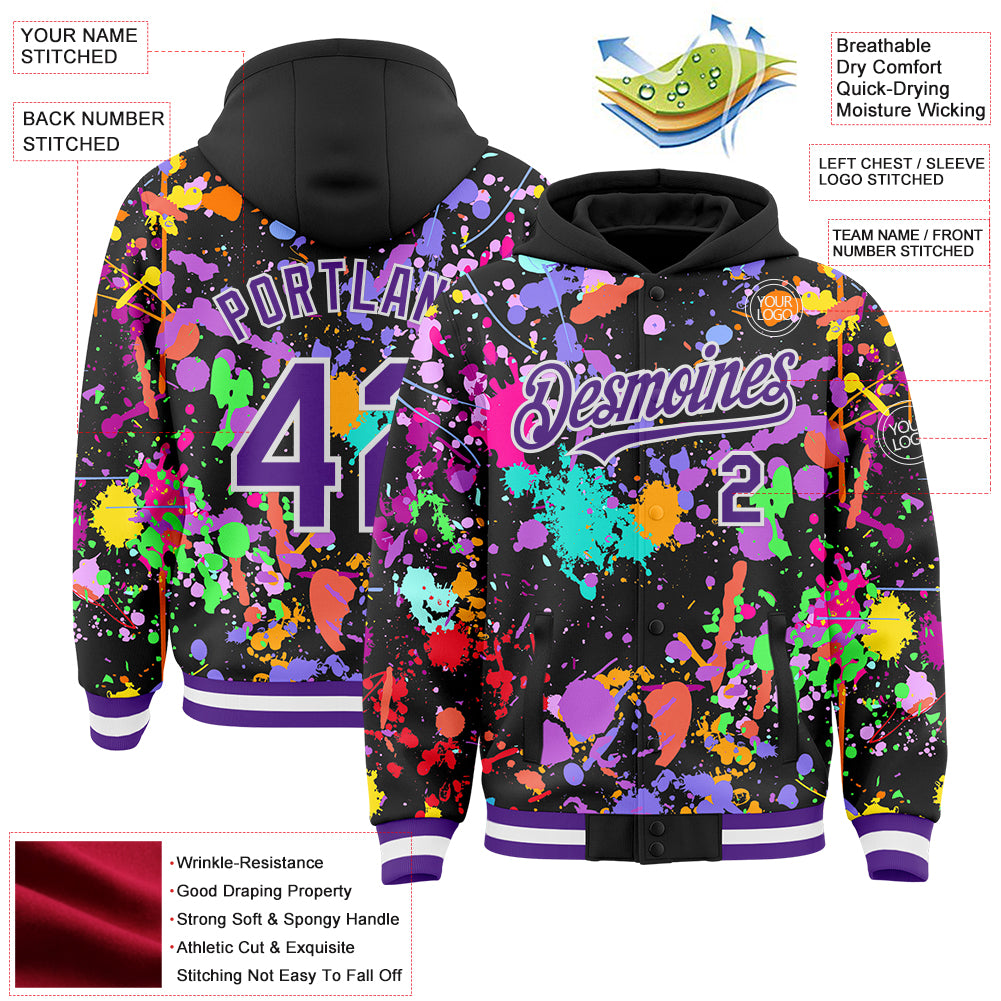 Custom Graffiti Pattern Purple Black-White Splash Bomber Full-Snap Varsity Letterman Hoodie Jacket