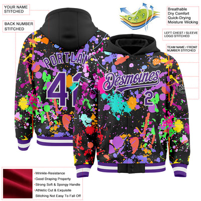 Custom Graffiti Pattern Purple Black-White Splash Bomber Full-Snap Varsity Letterman Hoodie Jacket