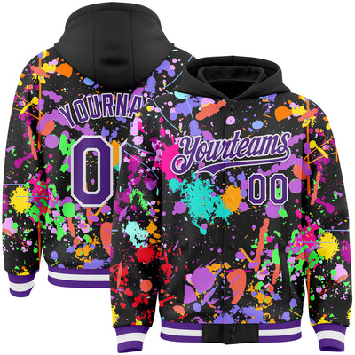 Custom Graffiti Pattern Purple Black-White Splash Bomber Full-Snap Varsity Letterman Hoodie Jacket