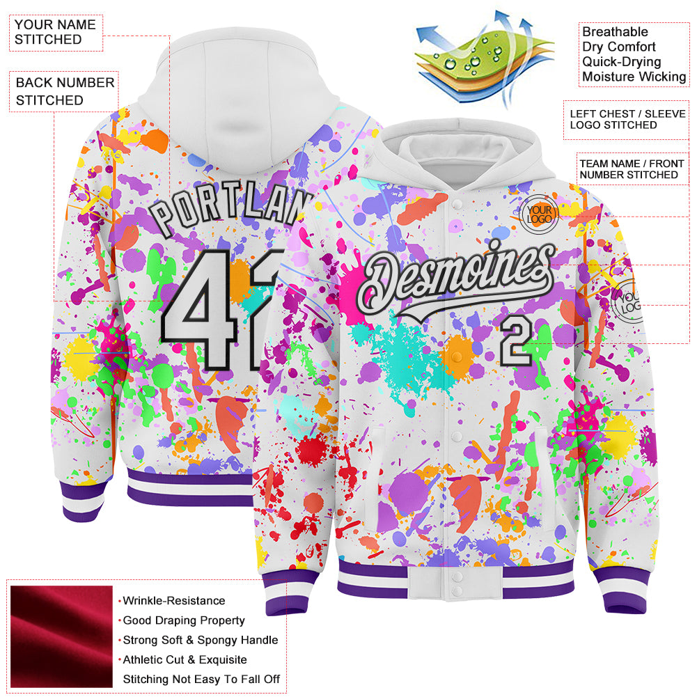 Custom Graffiti Pattern White Purple-Black Splash Bomber Full-Snap Varsity Letterman Hoodie Jacket