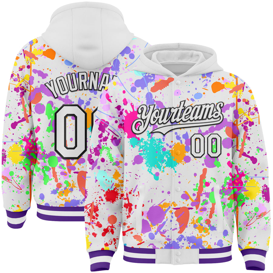 Custom Graffiti Pattern White Purple-Black Splash Bomber Full-Snap Varsity Letterman Hoodie Jacket
