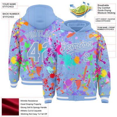 Custom Graffiti Pattern Light Blue-White Splash Bomber Full-Snap Varsity Letterman Hoodie Jacket